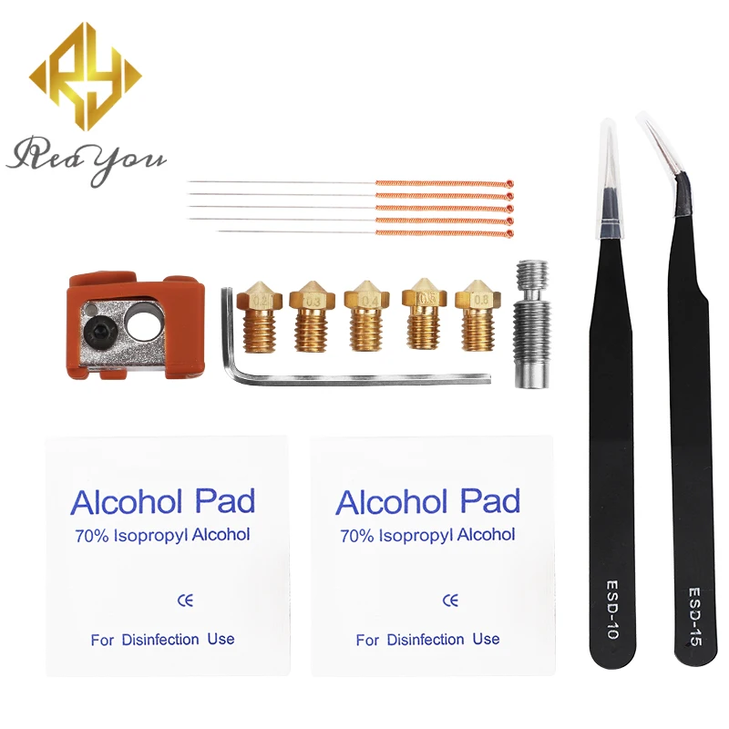 

3D Printer Part V6 PT100 Heating Block Silicone Case Cover Sleeve Throat Pipe 1.75mm Nozzle Tweezers Cleaning Drill Tool Kit