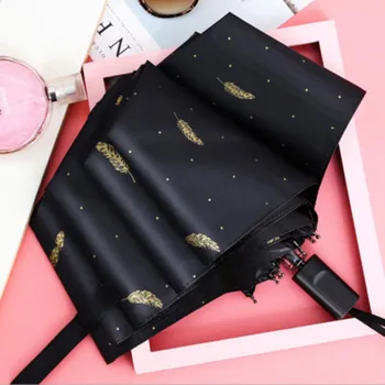 

Hot Gold Feather Black Plastic Umbrellas Creative Small Fresh Umbrella Folding Sunscreen Black Plastic Tri-Fold Umbrella