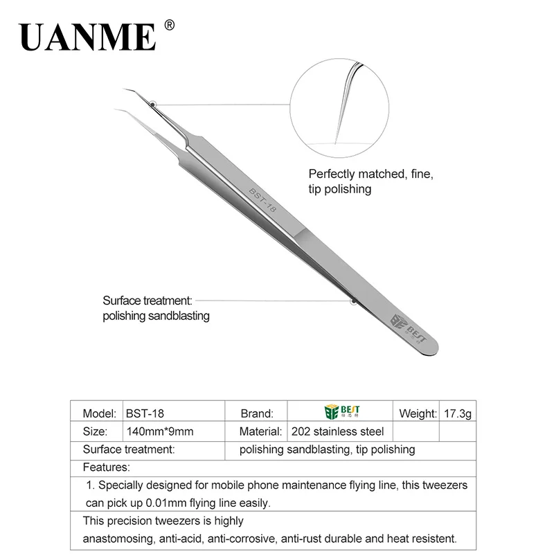 UANME BST-18-19, ультра точные пинцеты, нержавеющая сталь, изогнутые, прямые, FlywireTweezers, плоскогубцы с тонким наконечником, очень острые иглы