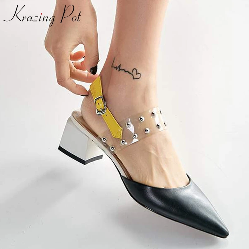 

Krazing Pot genuine leather high heels pointed toe buckle straps rivet decoration dating convenient mixed color jelly pumps L2f1