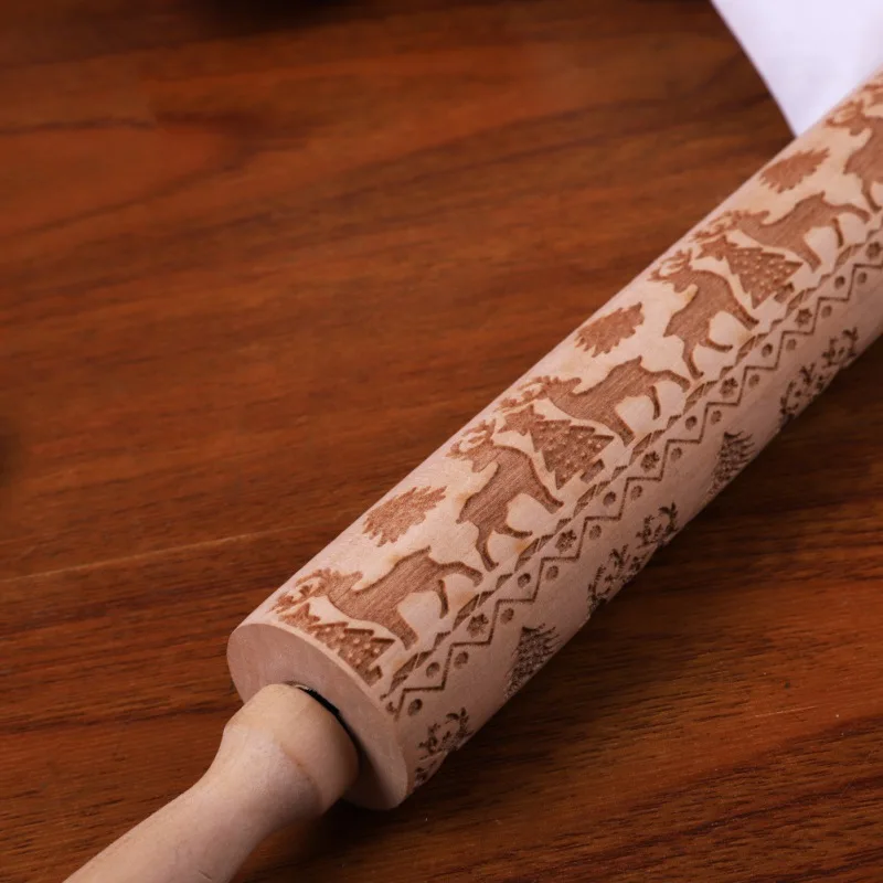 Christmas Embossing Rolling Pin Baking Wooden Cake Dough Engraved Roller Fondant Reindeer Snowflake | Дом и сад