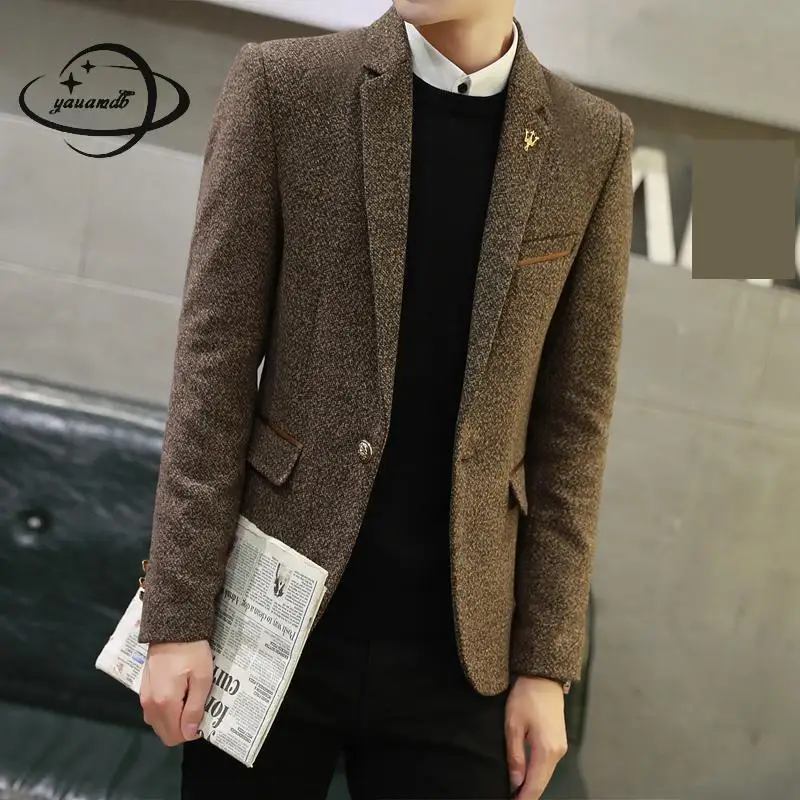 

YAUAMDB men blazer 2017 autumn winter size M-3XL male wool solid blazer single button jacket turn-down collar pocket coat y69
