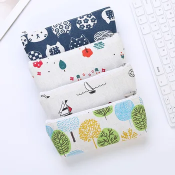 

M155 Fresh Japan Korea Canvas Coin Bag Cartoon Cat Tree Sailboat Printing Pencil Bag Small Wallet Wholesale