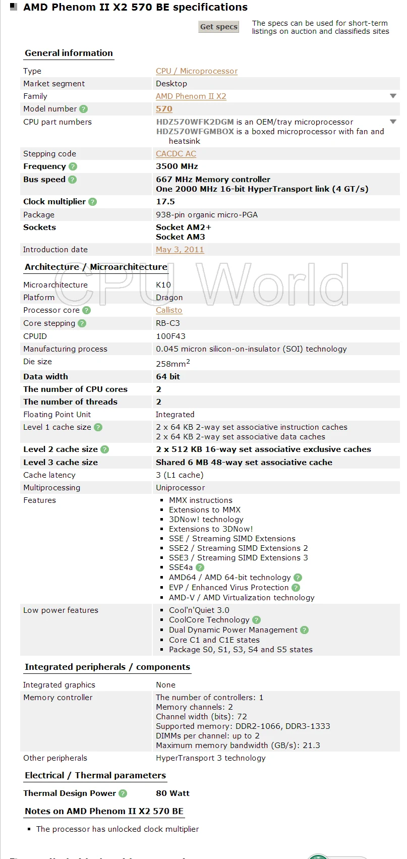 Процессор AMD Phenom II X2 570 cpu двухъядерный процессор 3,5 ГГц/6 м/80 Вт/2000 МГц разъем am3 am2+ 938 pin