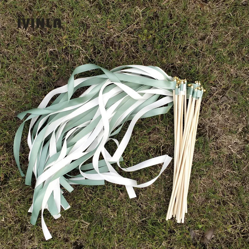 Lot De 50 Baguettes Ruban De Mariage Avec Clochettes - Baguettes Fée Pour Cérémonie, Anniversaire, Fêtes (vert)
