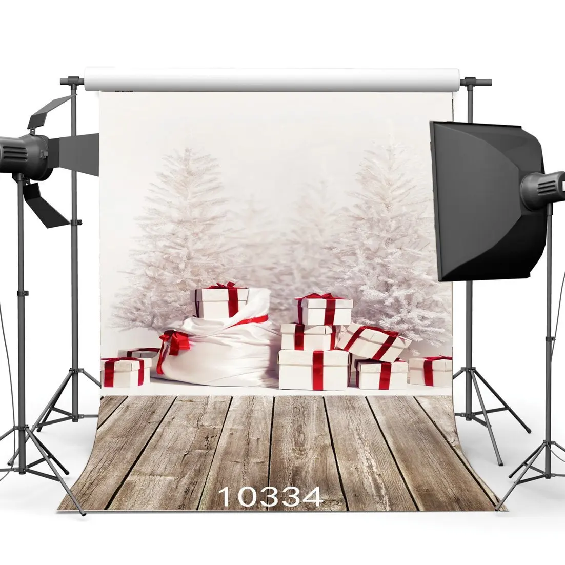 Photography Backdrop Christmas Pine Tree Gifts Box Snow Vintage Stripes Wood Floor Xmas Backdrops Happy New Year Background