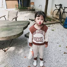 Осенние комплекты одежды с большим отложным воротником и буквенным принтом для мальчиков и девочек Детские комплекты из 2 предметов из чистого хлопка с капюшоном+ штаны