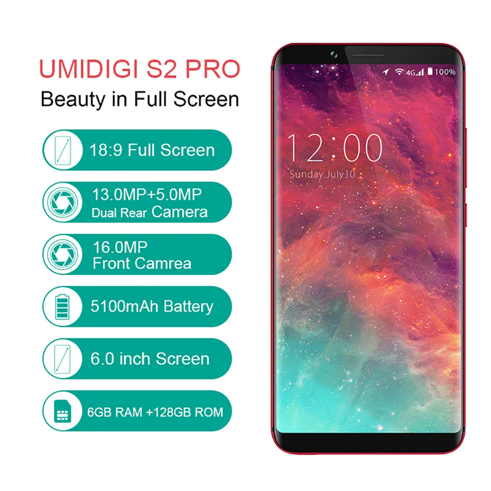 Umidigi S2 Pro 6,0 ''4G LTE смартфон 6 ГБ + 128 ГБ Android 7,0 5100 мАч мобильного телефона Apr18