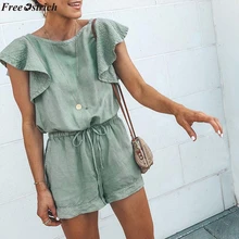 Свободные Женские однотонные гофрированные короткие комбинезоны без рукавов с круглым вырезом, женские летние Свободные Комбинезоны с ремнем размера плюс