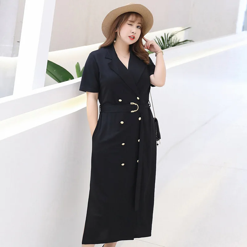 

TUHAO 2018 Summer Office Lady Elegant Black Dresses High Waist Long Cardigan Dress Plus Size 4XL 3XL Long Dresses Big Size LQ53