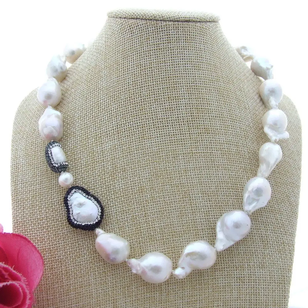 N100606 19 White Keshi Pearl Necklace CZ Connector in Chain Necklaces N100606 19 White Keshi Pearl Necklace CZ Connector in Chain Necklaces