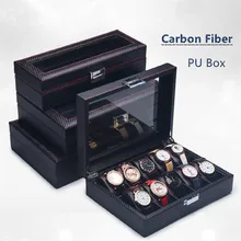 Углепластиковый футляр для часов коробка с Стекло модные черные из искусственной кожи коробки для хранения часов новые часы и ювелирные изделия подарок Дисплей чехол W031