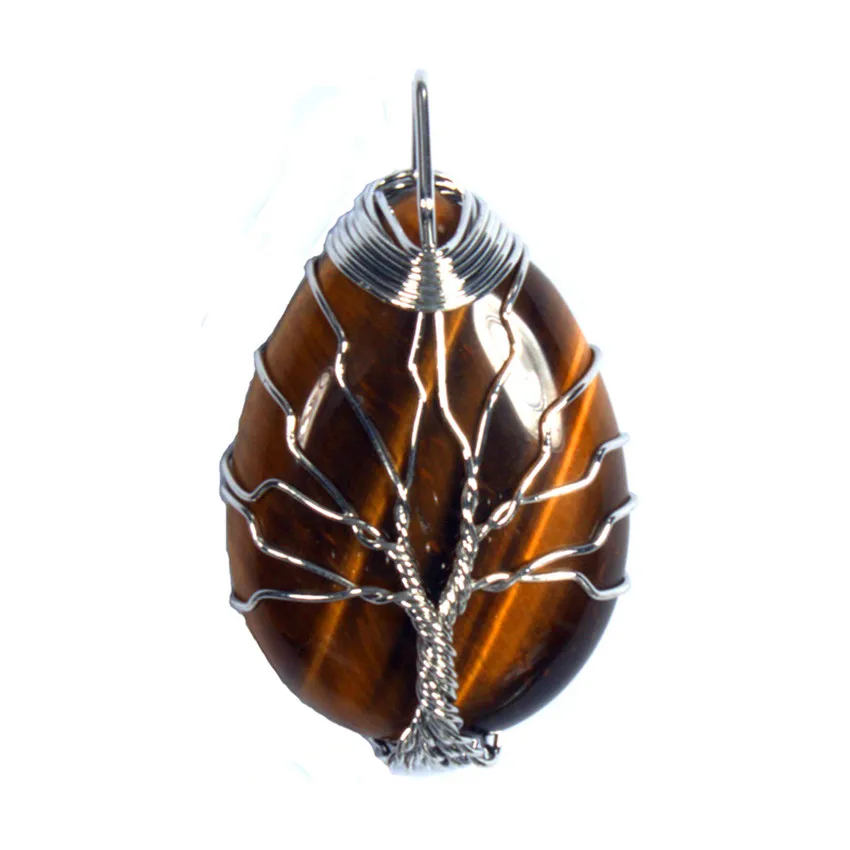

Trendy-beads Popular Silver Plated Wire Wrap Tree of Life Water Drop Tiger Eye Stone Pendant For Christmas Gift