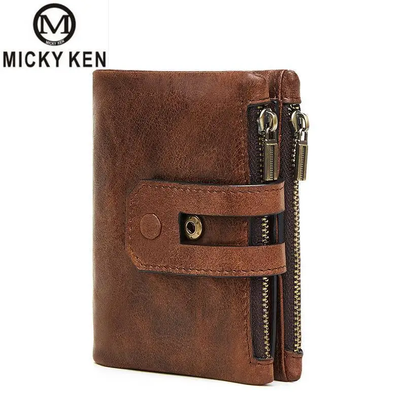 

Hot! Crazy Horse Genuine Leather Men Wallets Credit Business Card Holders Double Zipper Cowhide Leather Wallet Purse Carteira