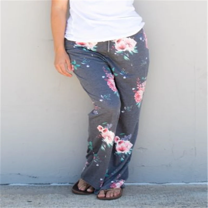 Women Loose Wide Leg Pants Casual Floral Elastic