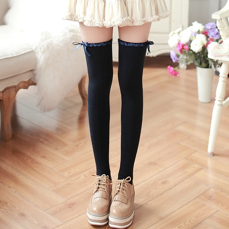 2015 Autumn Winter Warm Stockings Lady Ribbon Bow High Stockings Cute Girls Cotton Stockings Sexy Japanese Knee Socks