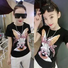 Новинка зимы женская мода бархат короткий рукав мультфильм блёстки Кролик футболка