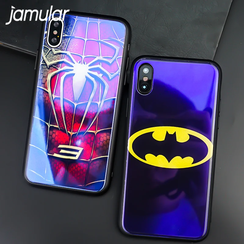 

JAMULAR Blu-ray Light Case Cover For iPhone 8 X 10 7 6s 6 Plus Superman Batman Iron Man Spiderman Hard Tempered Glass Capinha