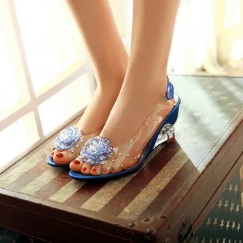 

Women Sandals Female High Heels Shoes Woman Fish Mouth Flower Rhinestone Crystal Transparent Wedge Sandals Small Plus Size 30-43