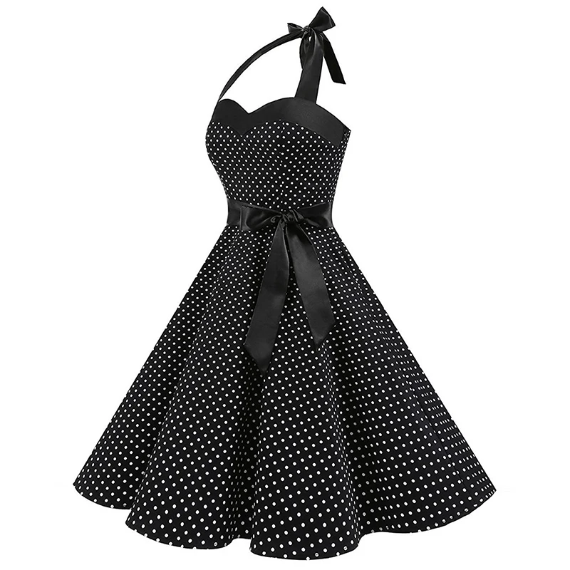 Kostlich Summer Dot Dress Sexy Halter Backless Women Vintage Dress Swing Elegant Party Dresses Plus Size Sashes With Bow Tie (8)