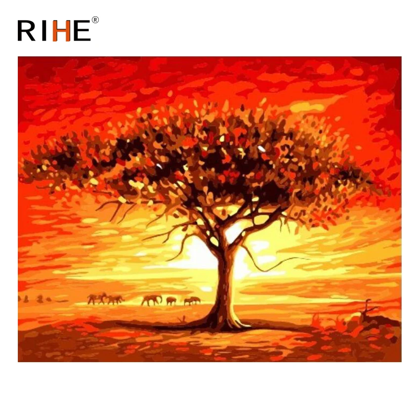 

RIHE Sunset Tree Diy Painting By Numbers Sky Oil Painting Elephant Cuadros Decoracion Acrylic Paint On Canvas Modern Wall Art