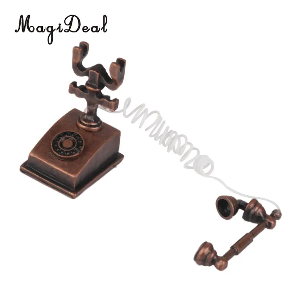 1/12 Metal Dollhouse Miniature Retro Desk Phone Vintage Telephone Dolls House Furniture Acc Decor Children Pretend Play Toy