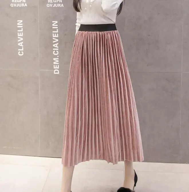 pleated midi skirt New 2019 Autumn Winter Elastic High Waist Skirt Solid Casual Pleated Skirts Womens Striped Jupe Femme Velvet Saias Midi Skirt cute skirts Skirts