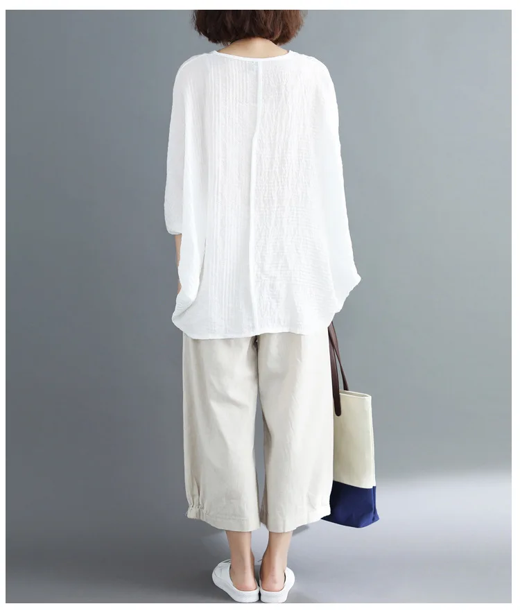 LZJN Summer Women Fashion Shirt Solid White Black Color Oversize Loose Tops Batwing Sleeve Casual Cotton Linen Blouse Plus Size (14)