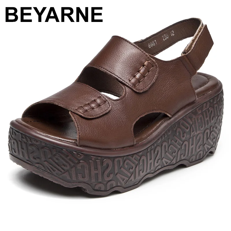 

BEYARNE Women Sandals Retro Platform Sandals Wedges Heels Shoes Woman Sandalias Mujer Summer Shoes Genuine Leather SandalsE811