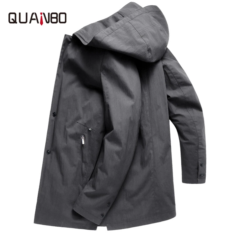 

QUANBO Spring New Arrival Black Long Tretch Coat Men Brand Solid Zipper Casual trench Quality Thin Youth windbreaker jacket