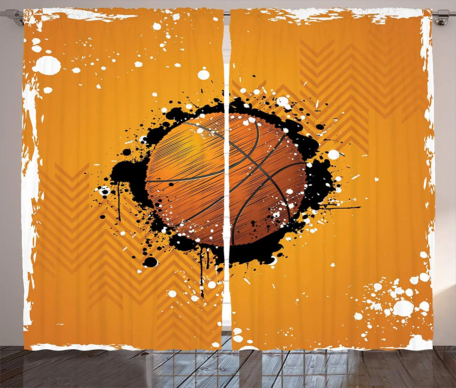 

Sports Curtains Illustration of Basketball and Paint Splashes on Abstract Grungy Sport Theme Living Room Bedroom Decor