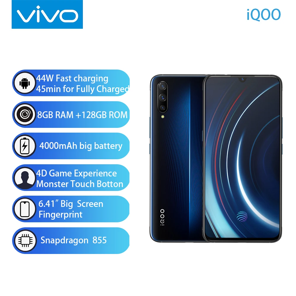 Authorized vivo celular iQOO Mobile Phone Android 9 Snapdragon 855  NFC Type-C 4000mAh 44W Fast Charge Cool  4D Game  Cellphone