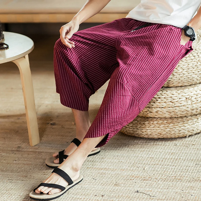 Красный Summer Striped Hip Hop Pants Men Plus Size Cotton Linen Wide Leg Harem Pants Mens Loose Vintage Sweat Pants Elastic Waist - Цвет: Красный