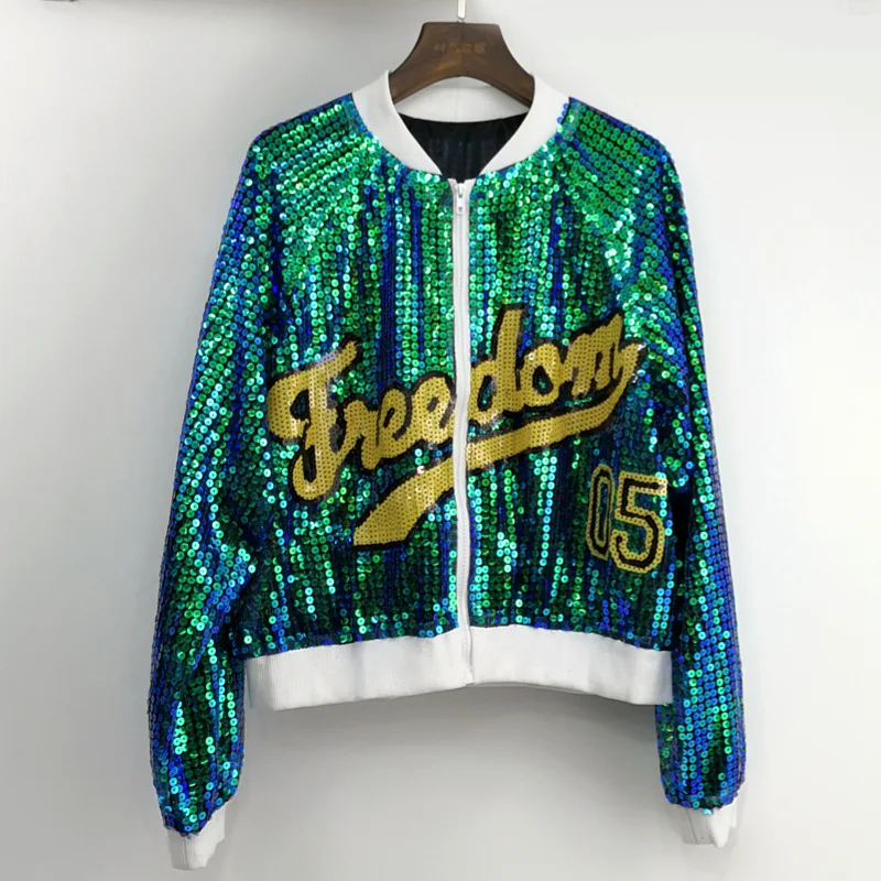 

Shiny Women Sequin Bomber Jacket Loose Oversized Long Sleeve Zip Up Short Logo Sequined Coat Stage Club Festival Costumes