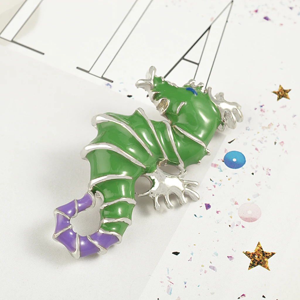 Fashion Women Popular Ocean Style Charm Cute Elegant Exquisite Green &Purple Oil Paint Alloy Seahorse Shape Brooch Pin Jewelry