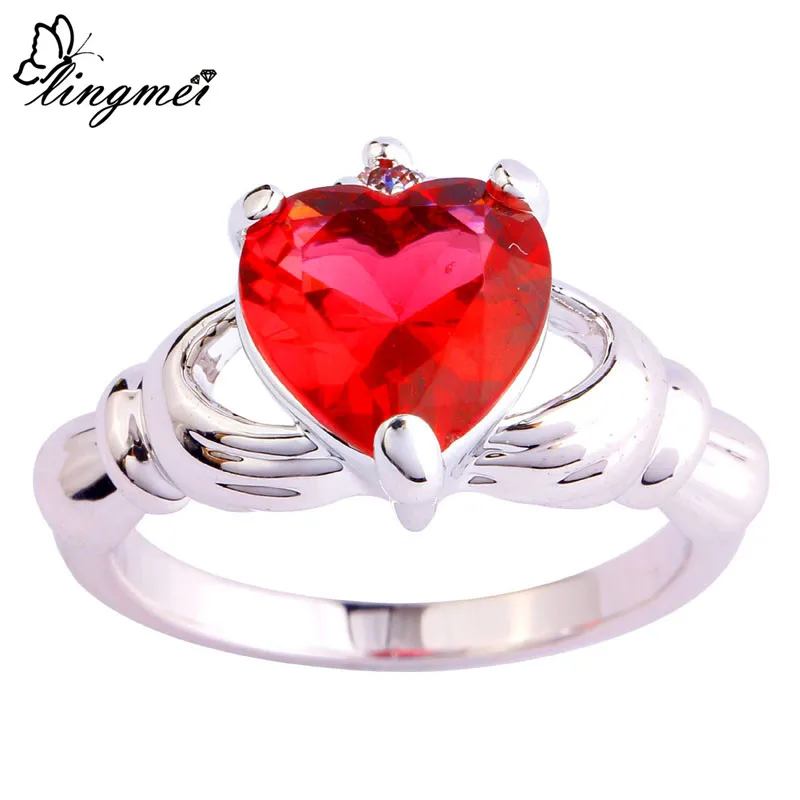 lingmei Claddagh Rings Heart Cut Pink Tourmaline White CZ Silver Color Ring Women Jewelry Free Shipping Size 7 8 9 10 Wholesale | Украшения