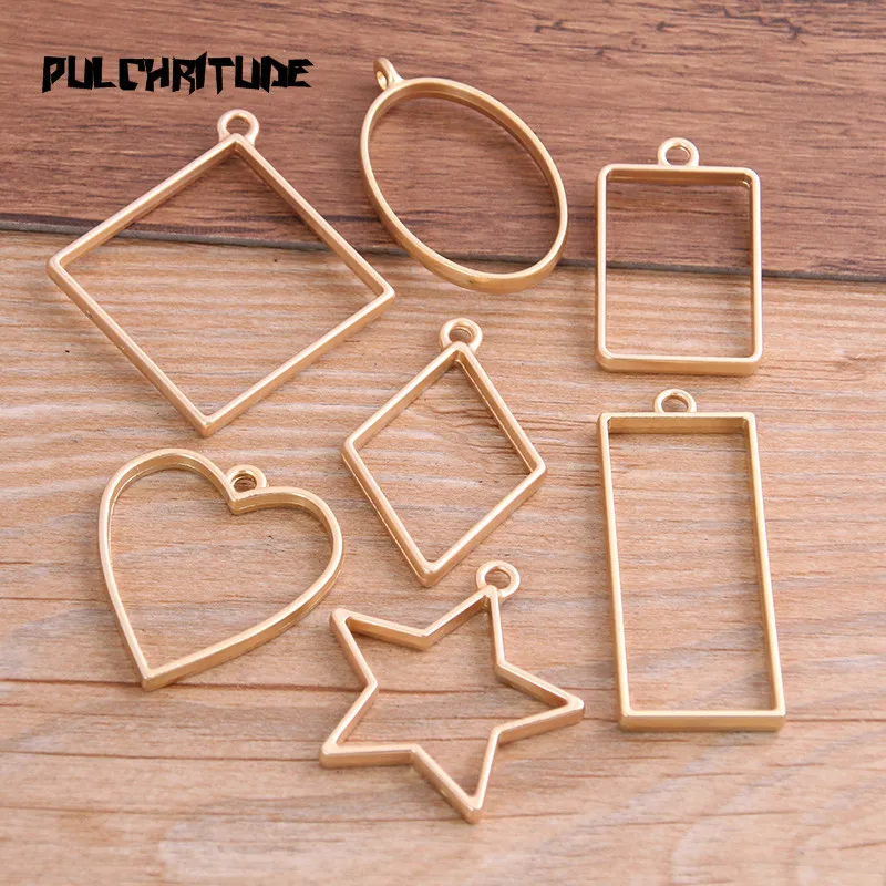 

PULCHRITUDE 7pcs Dumb Gold 7style Polished Alloy Jewelry Accessories Geometry Charm Hollow Glue Blank Pendant Tray Bezel