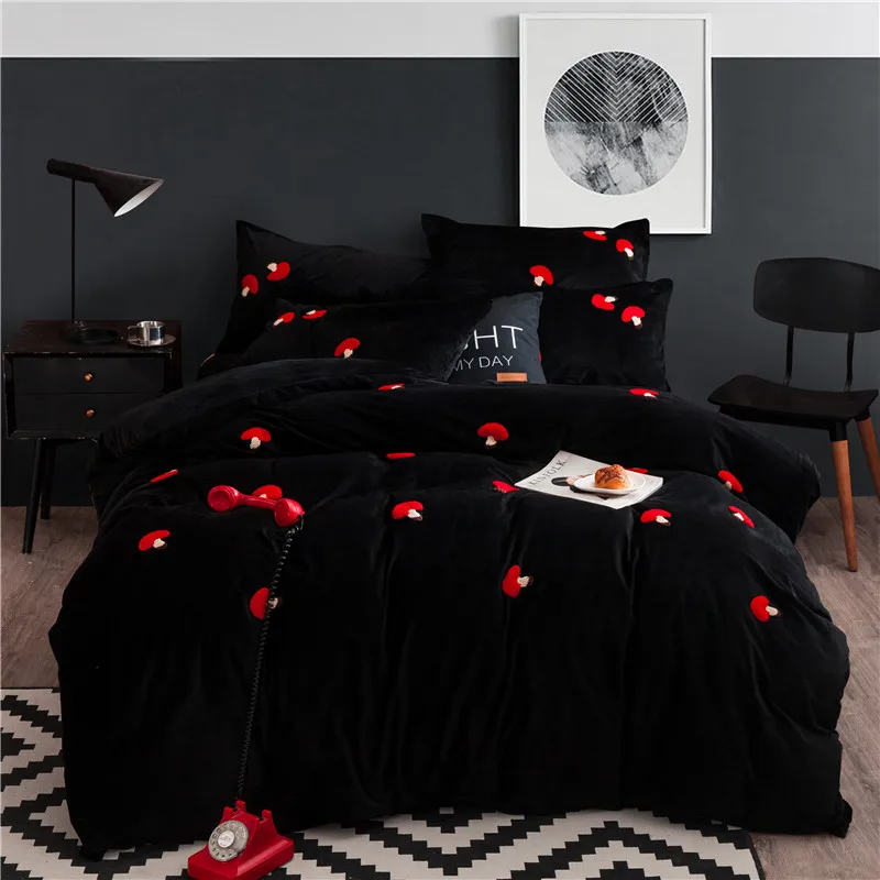 Fleece fabric Duvet Cover Set Embroidery Mushroom Bedding Set Bedsheet Pillowcase Duvet Cover