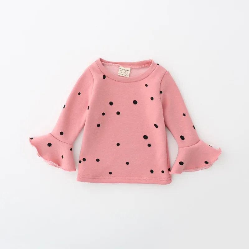Зимние футболки для маленьких девочек; бархатные плотные Теплые Топы для маленьких девочек; блузка с оборками на рукавах; свитера в горошек; одежда для малышей; DQ719