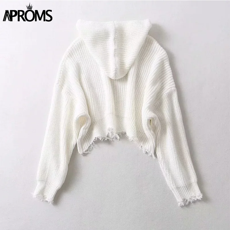 Aproms белый вязаный свитер с капюшоном Для женщин Повседневное Кисточкой Свободные укороченные пуловер пикантные зима уличная перемычки тянуть Femme