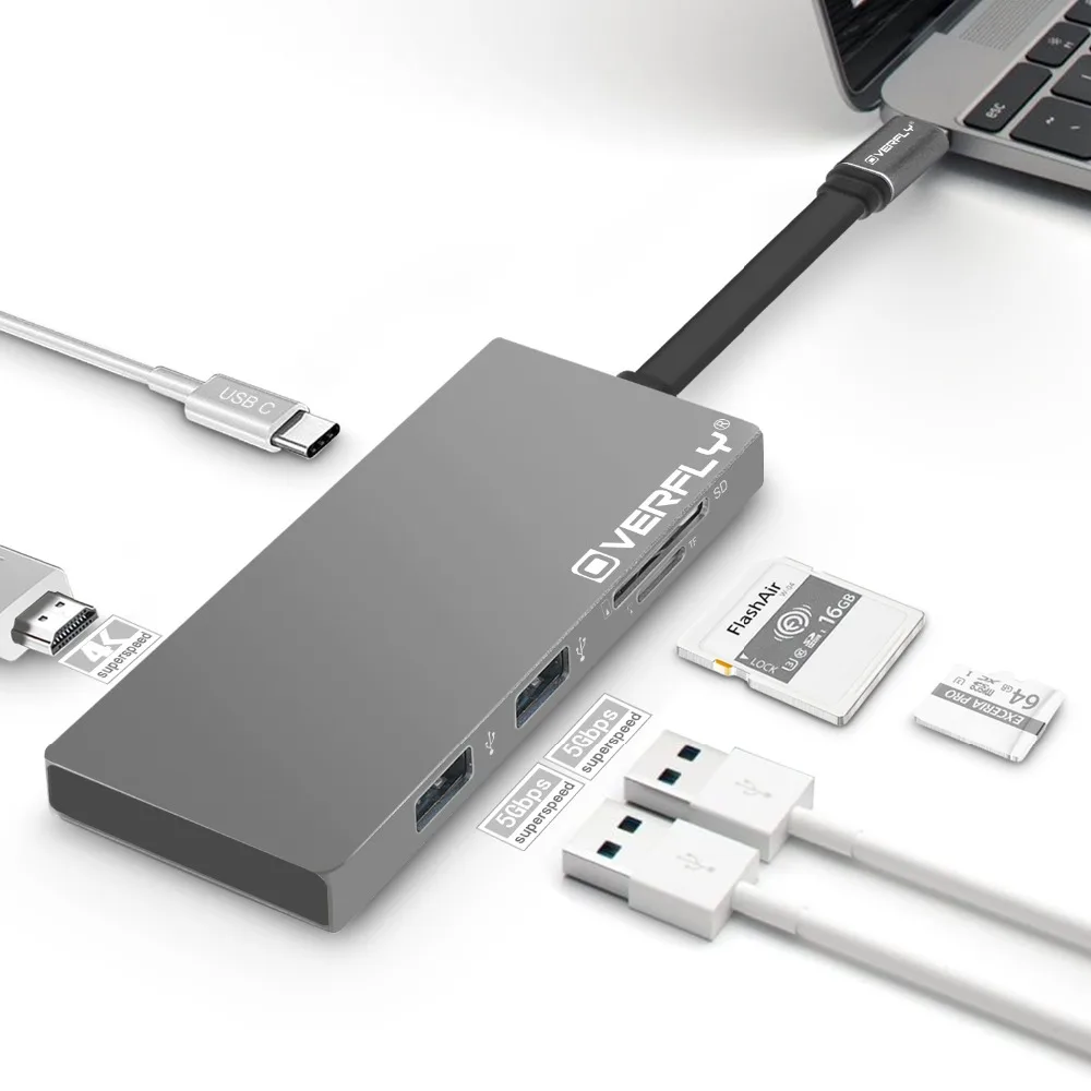

Overfly Grey 6 in 1 USB C Hub 3.1 Type C Charging Port TF/SD Card Reader for MacBook Pro 2015/2016/2017 and more Type C Devices