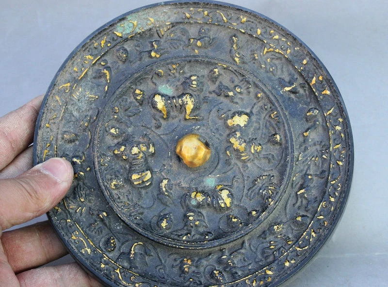 

6" China Old FengShui Bronze Gilt Lotus Foo Fu Dog Lion Flower Bronze Mirror