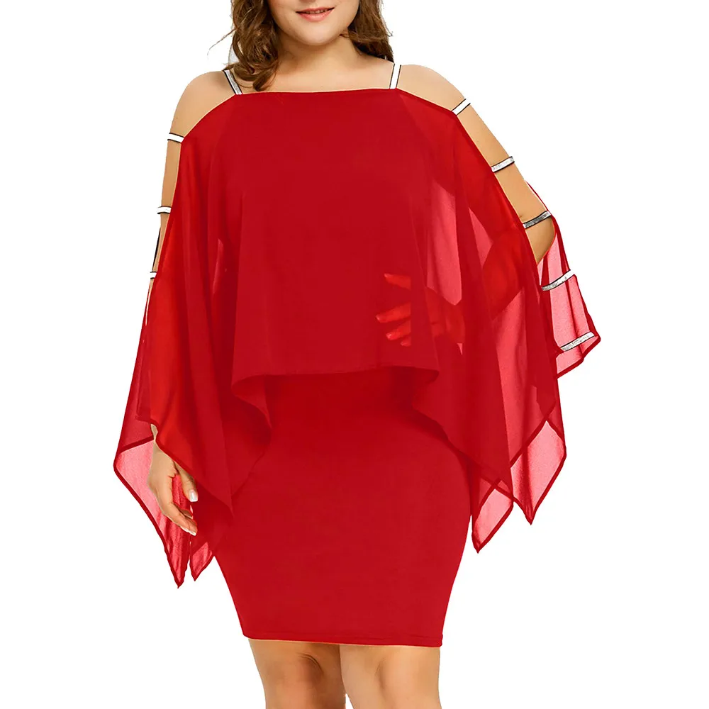 

Womens Plus Size Ladder Cut Overlay Asymmetric Chiffon Strapless Mini Dress