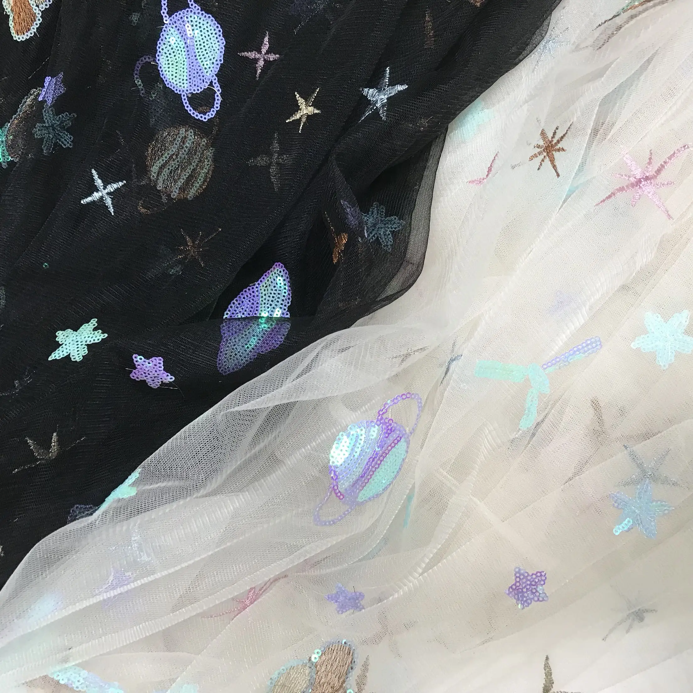 

Galactic Star Planets Sequins Embroidery Lace Fabric Garments Translucent Mesh Gauze Fabric 2018 Designer New Material for Dress