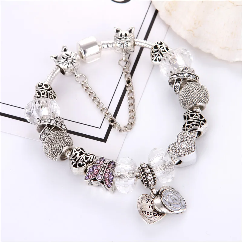 

Silver plated Heart pendant White crystal butterfly Charms Noble Fashion Elegant Pan Bracelet For Women/Gril gift jewelry