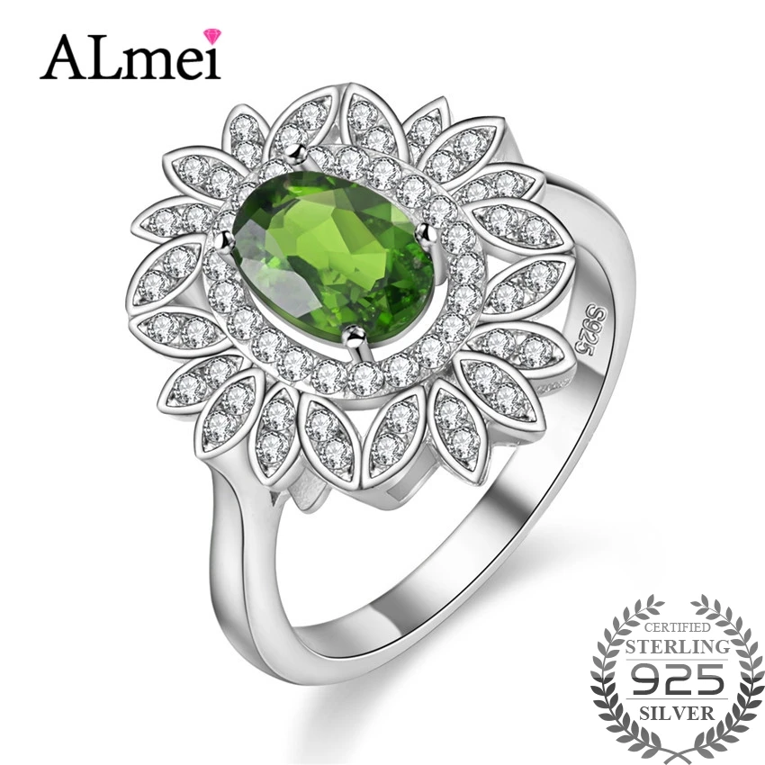 Женское кольцо с цветком Almei 1ct серебряное из диопсида 925 пробы подарок на день
