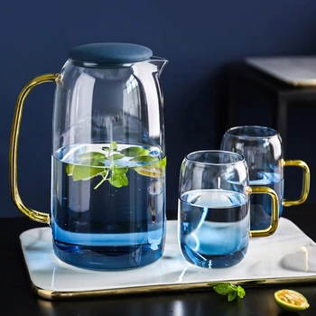

1500ML New Borosilica Glass Teapot Set With Cover Gold Handle Cups For fruit Juice Water and Coffee Tea Pot flower Large Kettle