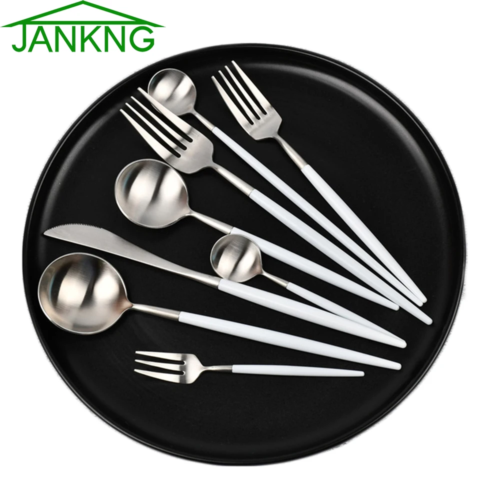 JANKNG 1 Piece Dinnerware White Silver Stainless Tableware Silverware