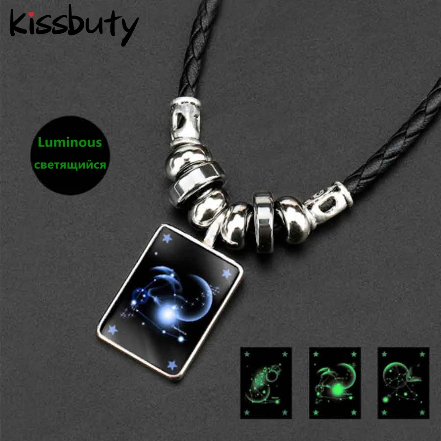 

New 12 Constellation Luminous Black Leather Necklace Chain Zodiac Pendants Necklaces For Women Men Vintage Punk 2019 Men Jewelry