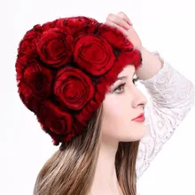 New Winter Women Fashion Real Knitted Rabbit. Fur Hats Lady Winter Warm Caps Roses Thickened Wool Cap 11 Color